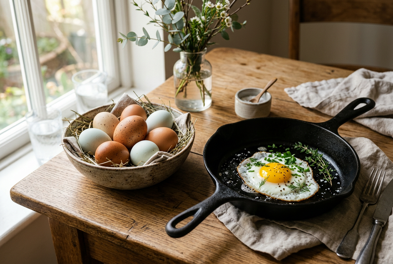Fresh eggs at the breakfast table