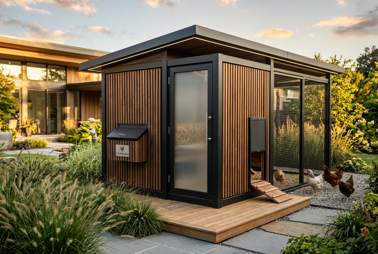 CluckCabin installed in a luxury backyard at sunset