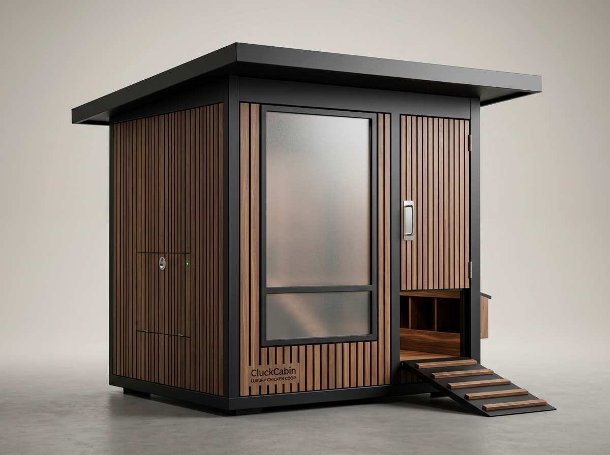 CluckCabin studio render in walnut and matte black